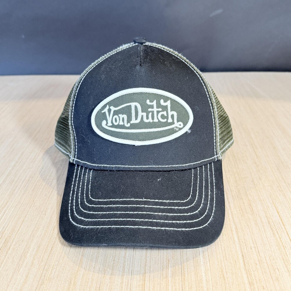 Von Dutch Hat Cap Snap Back One Size Black Olive Trucker Mesh Logo Mens